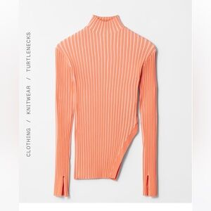 Asymmetric Ribbed Knit Coral High Neck Sweater